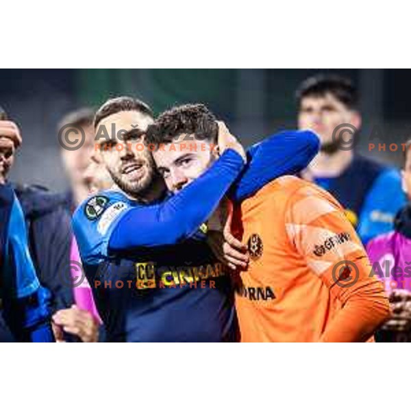 Danijel Sturm and Zan Luk Leban celebrate victory after UEFA Conference League 2025/26 football match between NK Celje (SLO) and Legia Warszawa (POL) in Stadion z’dezele, Celje, Slovenia on November 6, 2025. Photo: Jure Banfi