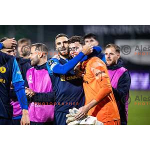Danijel Sturm and Zan Luk Leban celebrate victory after UEFA Conference League 2025/26 football match between NK Celje (SLO) and Legia Warszawa (POL) in Stadion z’dezele, Celje, Slovenia on November 6, 2025. Photo: Jure Banfi