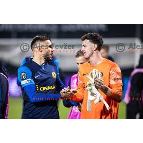 Danijel Sturm and Zan Luk Leban celebrate victory after UEFA Conference League 2025/26 football match between NK Celje (SLO) and Legia Warszawa (POL) in Stadion z’dezele, Celje, Slovenia on November 6, 2025. Photo: Jure Banfi