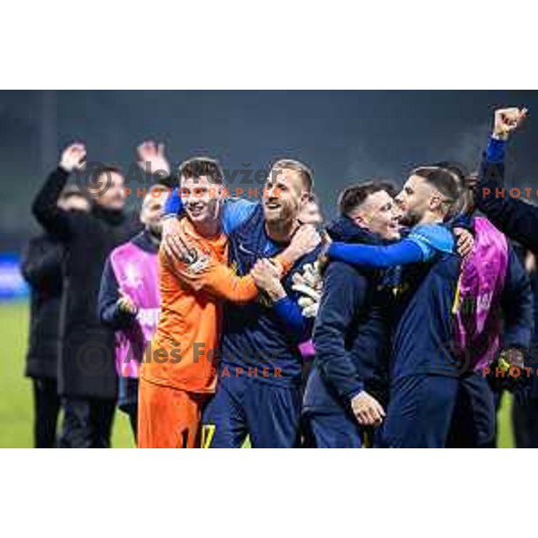 Zan Luk Leban, Andrej Kotnik, Mario Kvesic and Danijel Sturm celebrate victory after UEFA Conference League 2025/26 football match between NK Celje (SLO) and Legia Warszawa (POL) in Stadion z’dezele, Celje, Slovenia on November 6, 2025. Photo: Jure Banfi