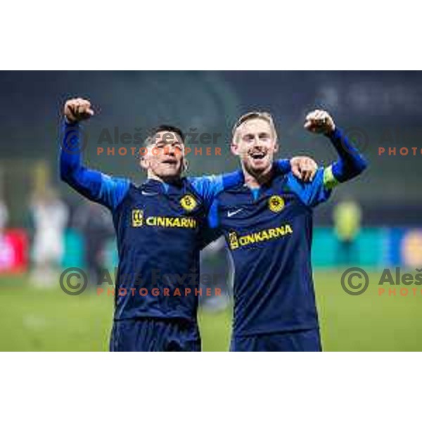 Juanjo Nieto and Zan Karnicnik celebrate victory after UEFA Conference League 2025/26 football match between NK Celje (SLO) and Legia Warszawa (POL) in Stadion z’dezele, Celje, Slovenia on November 6, 2025. Photo: Jure Banfi