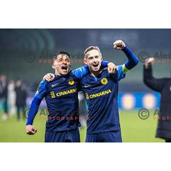 Juanjo Nieto and Zan Karnicnik celebrate victory after UEFA Conference League 2025/26 football match between NK Celje (SLO) and Legia Warszawa (POL) in Stadion z’dezele, Celje, Slovenia on November 6, 2025. Photo: Jure Banfi