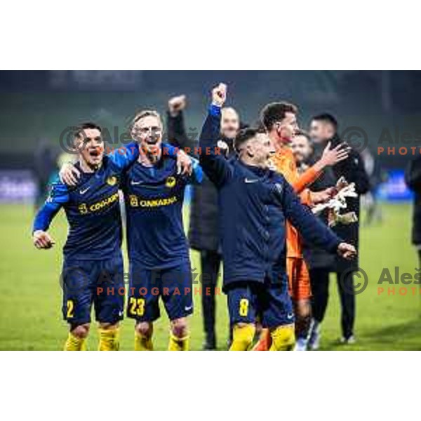 Juanjo Nieto, Zan Karnicnik and Mario Kvesic celebrate victory after UEFA Conference League 2025/26 football match between NK Celje (SLO) and Legia Warszawa (POL) in Stadion z’dezele, Celje, Slovenia on November 6, 2025. Photo: Jure Banfi
