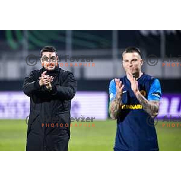 Albert Riera, head coach of NK Celje and Franko Kovacevic celebrate victory after UEFA Conference League 2025/26 football match between NK Celje (SLO) and Legia Warszawa (POL) in Stadion z’dezele, Celje, Slovenia on November 6, 2025. Photo: Jure Banfi