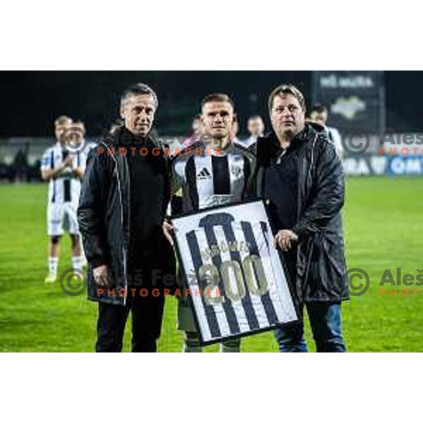 Luka Bobicanec receiving award for 200th played match for Mura before Prva liga Telemach 2025/26 football match between NK Mura and NK Koper in Fazanerija, Murska Sobota, Slovenia on November 7, 2025. Photo: Jure Banfi
