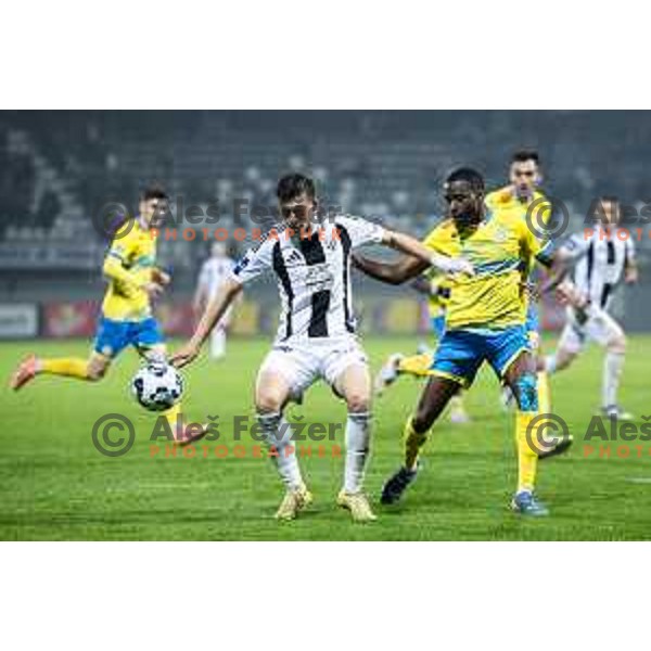 Nejc Ajhmajer vs Mark Pabai in action during Prva liga Telemach 2025/26 football match between NK Mura and NK Koper in Fazanerija, Murska Sobota, Slovenia on November 7, 2025. Photo: Jure Banfi