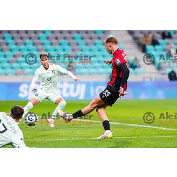 Mark Strajnar in action during Prva liga Telemach 2025/2026 football match between Olimpija and Primorje in SRC Stozice, Ljubljana, Slovenia on Novermber 7, 2025