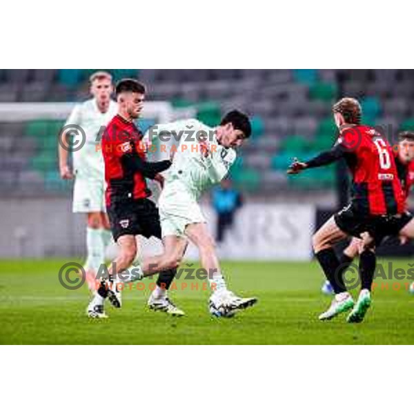 Zan Besir and Agustin Doffo in action during Prva liga Telemach 2025/2026 football match between Olimpija and Primorje in SRC Stozice, Ljubljana, Slovenia on Novermber 7, 2025