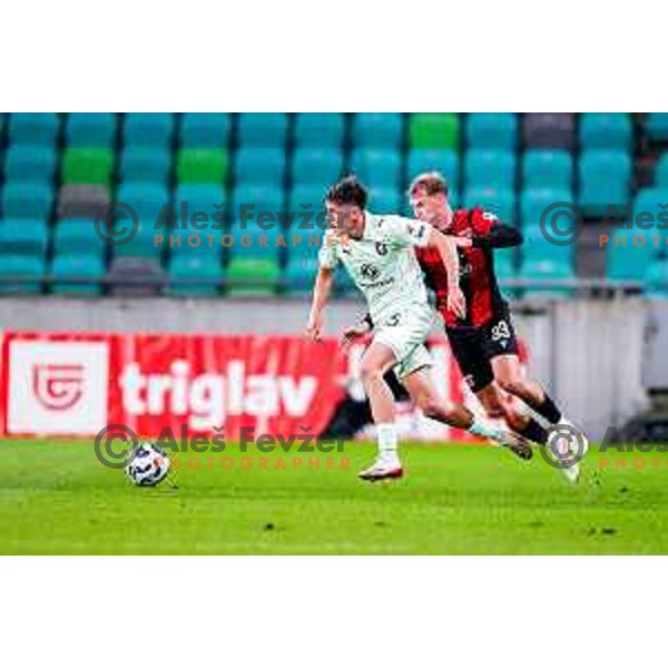 Mateo Acimovic and Mark Strajnar in action during Prva liga Telemach 2025/2026 football match between Olimpija and Primorje in SRC Stozice, Ljubljana, Slovenia on Novermber 7, 2025