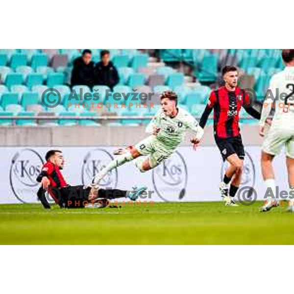 Niko Rak and Alejandro Blanco in action during Prva liga Telemach 2025/2026 football match between Olimpija and Primorje in SRC Stozice, Ljubljana, Slovenia on Novermber 7, 2025
