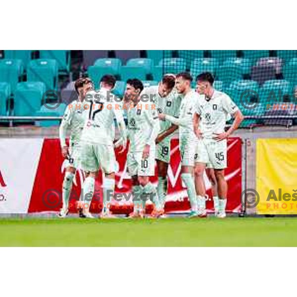 Ivan Durdov and players of Olimpija celebrate a goal during Prva liga Telemach 2025/2026 football match between Olimpija and Primorje in SRC Stozice, Ljubljana, Slovenia on Novermber 7, 2025