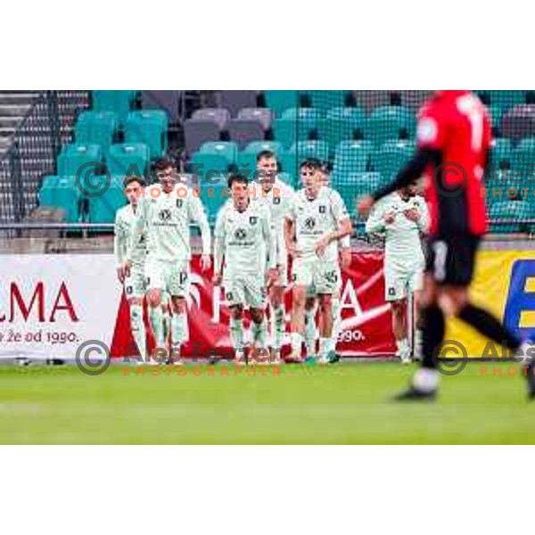 Ivan Durdov and players of Olimpija celebrate a goal during Prva liga Telemach 2025/2026 football match between Olimpija and Primorje in SRC Stozice, Ljubljana, Slovenia on Novermber 7, 2025