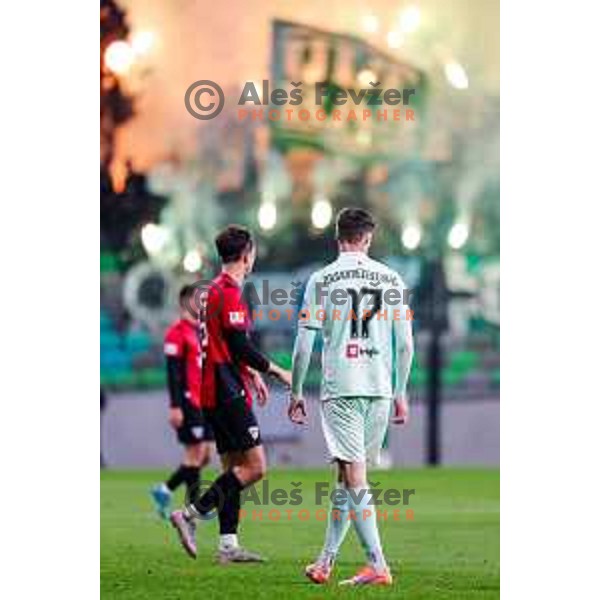 Haris Kadric and Ahmet Muhamedbegovic in action during Prva liga Telemach 2025/2026 football match between Olimpija and Primorje in SRC Stozice, Ljubljana, Slovenia on Novermber 7, 2025