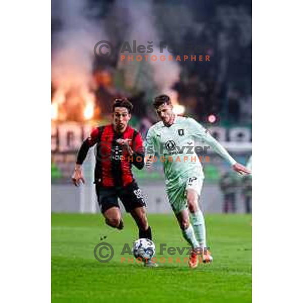Haris Kadric and Ahmet Muhamedbegovic in action during Prva liga Telemach 2025/2026 football match between Olimpija and Primorje in SRC Stozice, Ljubljana, Slovenia on Novermber 7, 2025