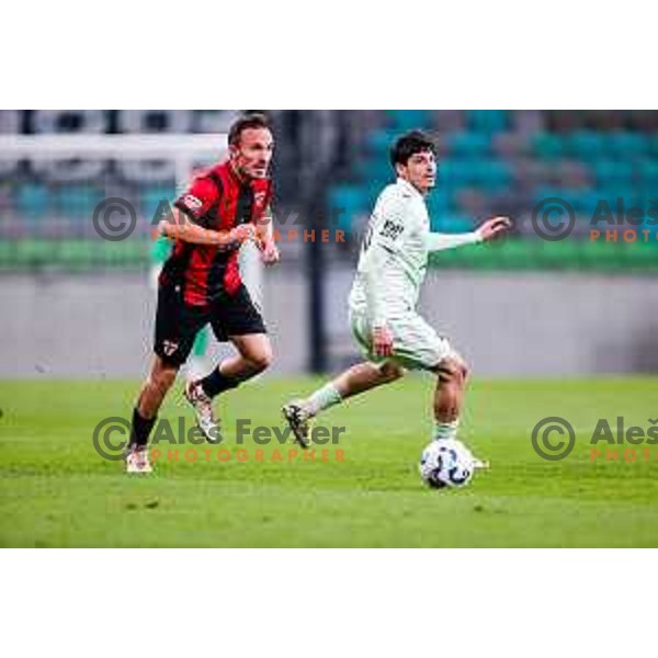 Tilen Klemencic and Agustin Doffo in action during Prva liga Telemach 2025/2026 football match between Olimpija and Primorje in SRC Stozice, Ljubljana, Slovenia on Novermber 7, 2025