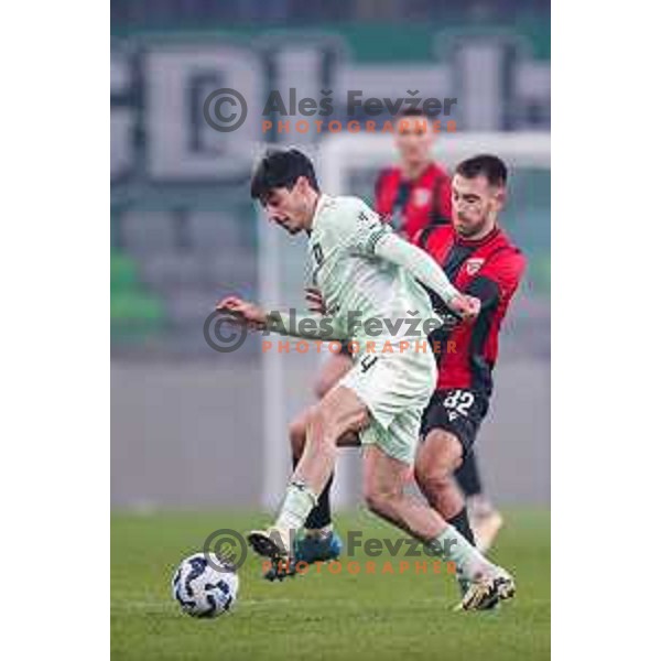 Agustin Doffo and Niko Rak in action during Prva liga Telemach 2025/2026 football match between Olimpija and Primorje in SRC Stozice, Ljubljana, Slovenia on Novermber 7, 2025