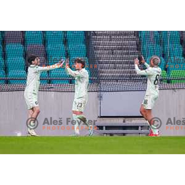 Alex Tamm and players of Olimpija celebrate a goal during Prva liga Telemach 2025/2026 football match between Olimpija and Primorje in SRC Stozice, Ljubljana, Slovenia on Novermber 7, 2025