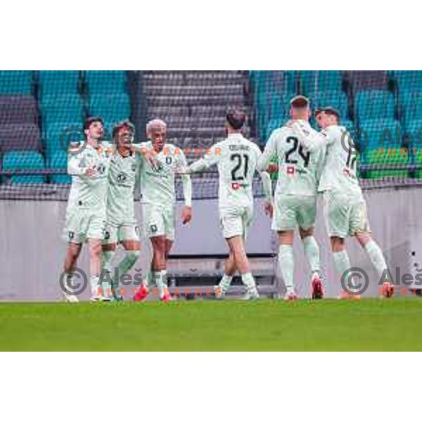 Alex Tamm and players of Olimpija celebrate a goal during Prva liga Telemach 2025/2026 football match between Olimpija and Primorje in SRC Stozice, Ljubljana, Slovenia on Novermber 7, 2025