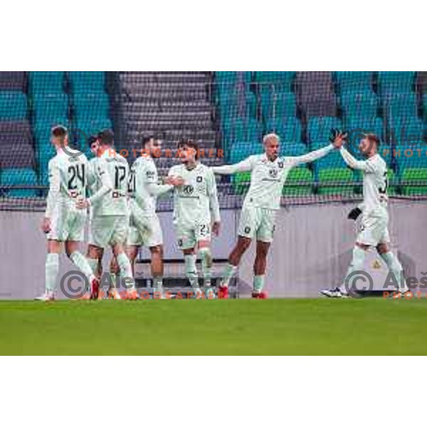 Alex Tamm and players of Olimpija celebrate a goal during Prva liga Telemach 2025/2026 football match between Olimpija and Primorje in SRC Stozice, Ljubljana, Slovenia on Novermber 7, 2025