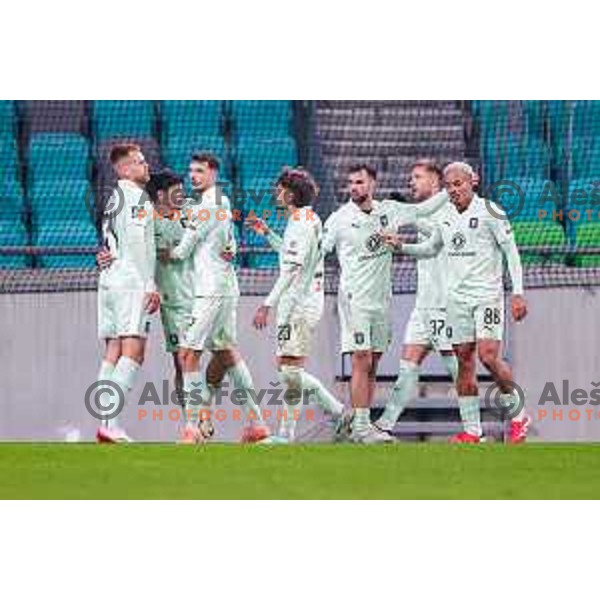 Alex Tamm and players of Olimpija celebrate a goal during Prva liga Telemach 2025/2026 football match between Olimpija and Primorje in SRC Stozice, Ljubljana, Slovenia on Novermber 7, 2025