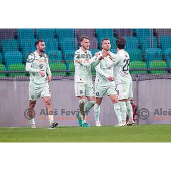 Alex Tamm and players of Olimpija celebrate a goal during Prva liga Telemach 2025/2026 football match between Olimpija and Primorje in SRC Stozice, Ljubljana, Slovenia on Novermber 7, 2025