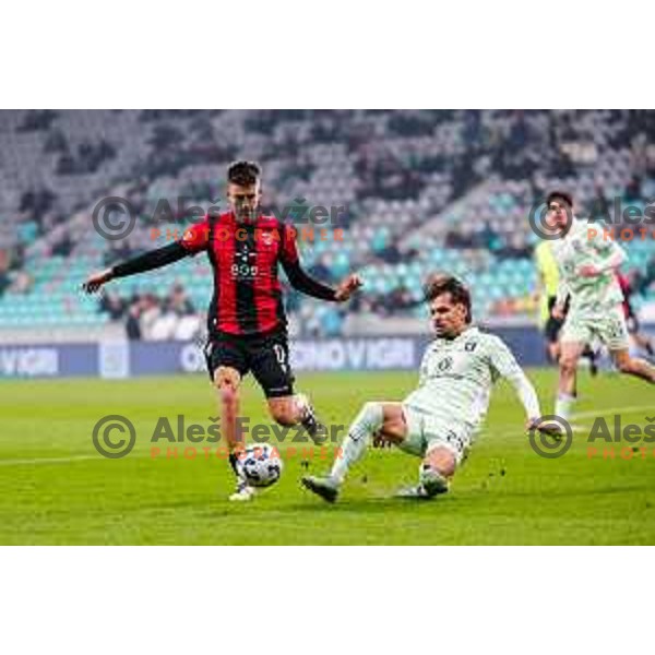 Zan Besir and Diogo Pinto in action during Prva liga Telemach 2025/2026 football match between Olimpija and Primorje in SRC Stozice, Ljubljana, Slovenia on Novermber 7, 2025