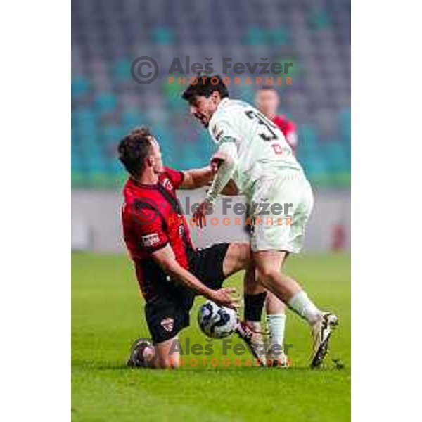 Tilen Klemencic and Agustin Doffo in action during Prva liga Telemach 2025/2026 football match between Olimpija and Primorje in SRC Stozice, Ljubljana, Slovenia on Novermber 7, 2025