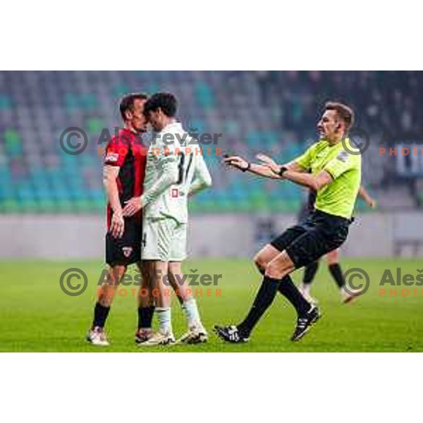 Tilen Klemencic , Agustin Doffo and referee Denis Halilovic in action during Prva liga Telemach 2025/2026 football match between Olimpija and Primorje in SRC Stozice, Ljubljana, Slovenia on Novermber 7, 2025