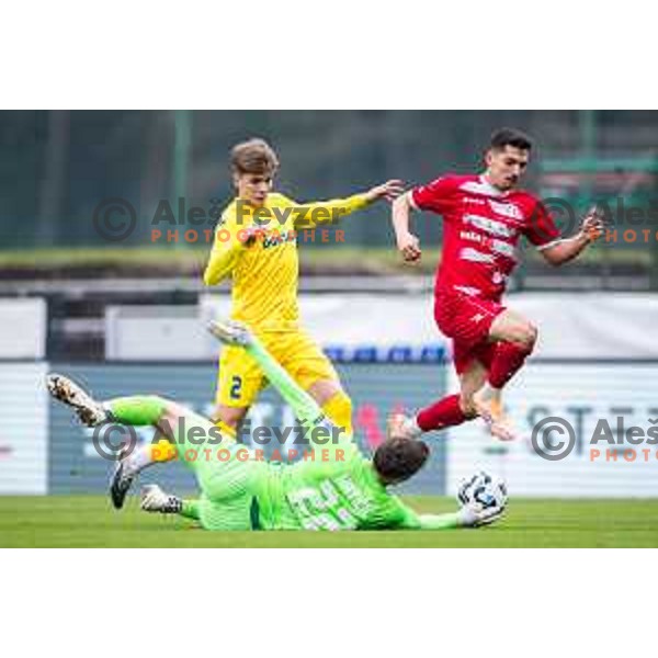 Rene Hrvatin and Benjamin Maticic vs Filip Kosi in action during Prva liga Telemach 2025/26 football match between NK Aluminij and NK Domzale in Sportni park Kidricevo, Slovenia on November 8, 2025. Photo: Jure Banfi