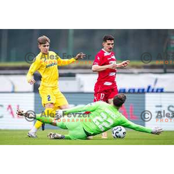 Rene Hrvatin and Benjamin Maticic vs Filip Kosi in action during Prva liga Telemach 2025/26 football match between NK Aluminij and NK Domzale in Sportni park Kidricevo, Slovenia on November 8, 2025. Photo: Jure Banfi