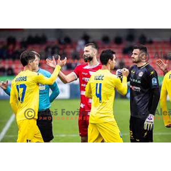 Aleksandar Zeljkovic and Matjaz Rozman in action during Prva liga Telemach 2025/26 football match between NK Aluminij and NK Domzale in Sportni park Kidricevo, Slovenia on November 8, 2025. Photo: Jure Banfi