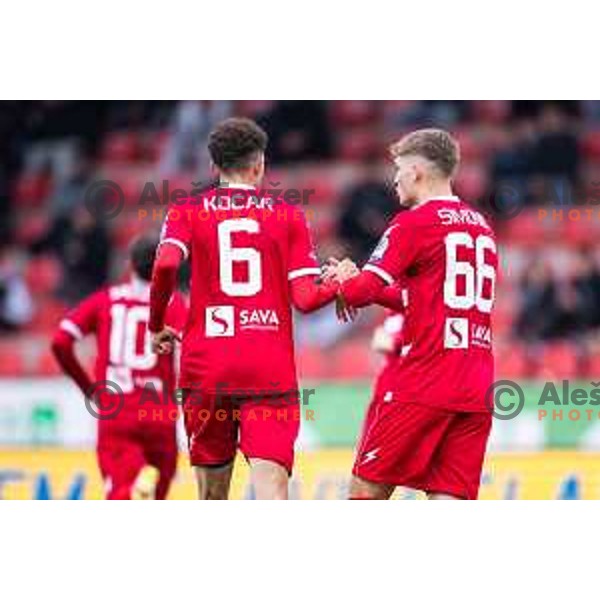 Omar Kocar and Marko Simonic celebrate goal during Prva liga Telemach 2025/26 football match between NK Aluminij and NK Domzale in Sportni park Kidricevo, Slovenia on November 8, 2025. Photo: Jure Banfi