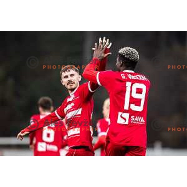 Emir Saitoskoi and Aondowase Sule Wisdom celebrate goal during Prva liga Telemach 2025/26 football match between NK Aluminij and NK Domzale in Sportni park Kidricevo, Slovenia on November 8, 2025. Photo: Jure Banfi