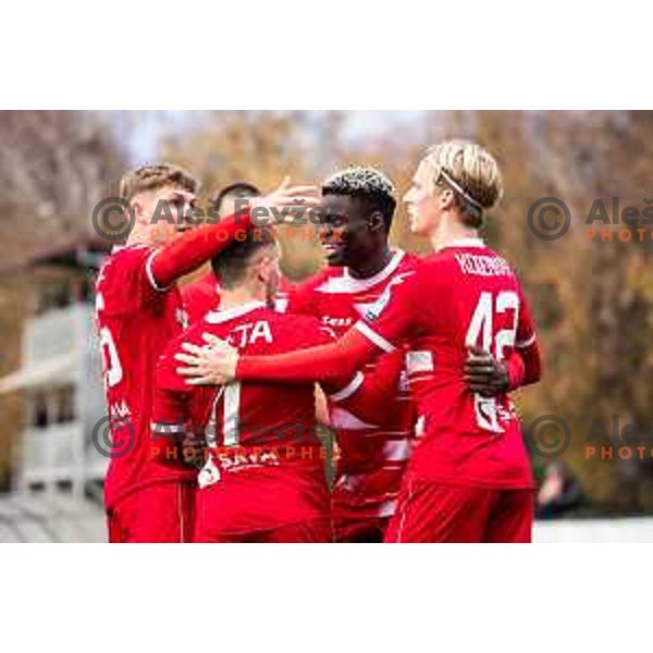 Marko Simonic and Aondowase Sule Wisdom celebrate goal during Prva liga Telemach 2025/26 football match between NK Aluminij and NK Domzale in Sportni park Kidricevo, Slovenia on November 8, 2025. Photo: Jure Banfi