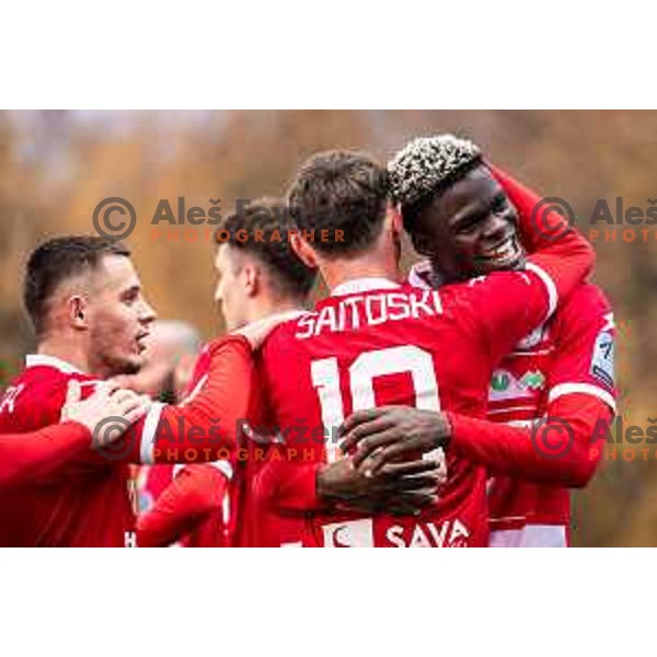 Feta Behar, Emir Saitoski and Aondowase Sule Wisdom celebrate goal during Prva liga Telemach 2025/26 football match between NK Aluminij and NK Domzale in Sportni park Kidricevo, Slovenia on November 8, 2025. Photo: Jure Banfi