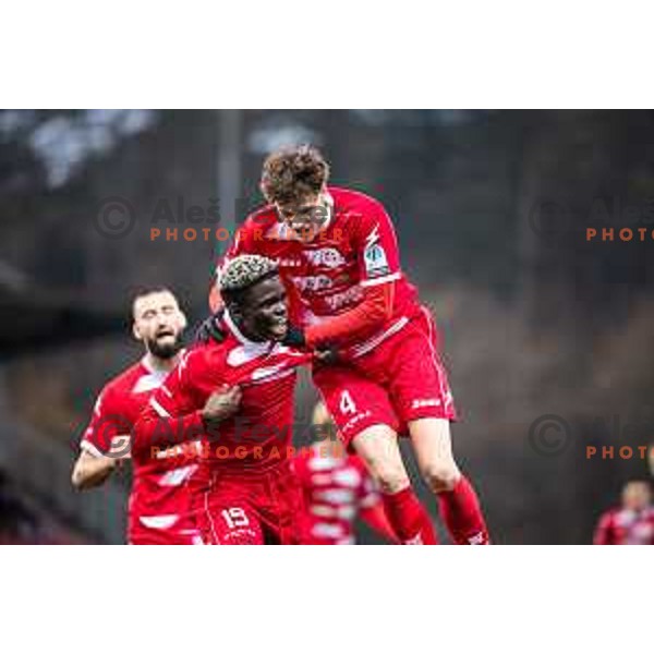 Aondowase Sule Wisdom and Rok Schaubach celebrate goal during Prva liga Telemach 2025/26 football match between NK Aluminij and NK Domzale in Sportni park Kidricevo, Slovenia on November 8, 2025. Photo: Jure Banfi