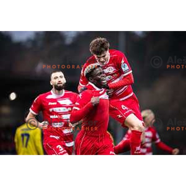 Aondowase Sule Wisdom and Rok Schaubach celebrate goal during Prva liga Telemach 2025/26 football match between NK Aluminij and NK Domzale in Sportni park Kidricevo, Slovenia on November 8, 2025. Photo: Jure Banfi