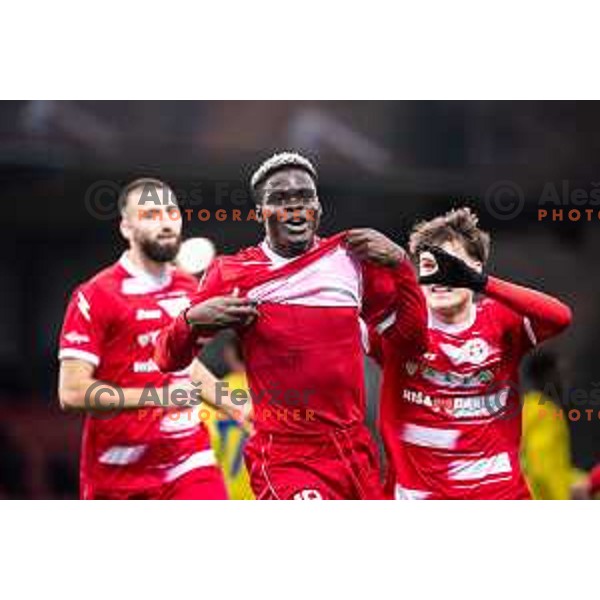 Aondowase Sule Wisdom celebrates goal during Prva liga Telemach 2025/26 football match between NK Aluminij and NK Domzale in Sportni park Kidricevo, Slovenia on November 8, 2025. Photo: Jure Banfi