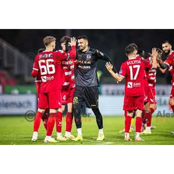 Matjaz Rozman and Marko Simonic celebrate goal during Prva liga Telemach 2025/26 football match between NK Aluminij and NK Domzale in Sportni park Kidricevo, Slovenia on November 8, 2025. Photo: Jure Banfi