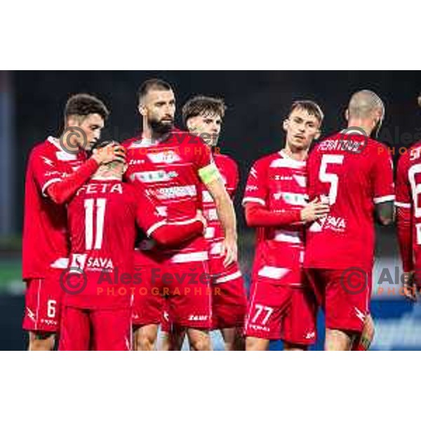 Omar Kocar, Feta Behar, Aleksandar Zeljkovic, Petar Petrisko celebrate goal during Prva liga Telemach 2025/26 football match between NK Aluminij and NK Domzale in Sportni park Kidricevo, Slovenia on November 8, 2025. Photo: Jure Banfi