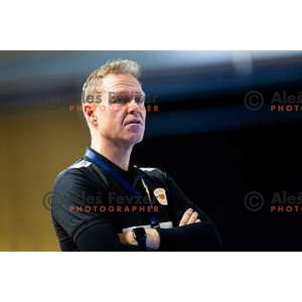 Head coach of Odense Handbold, Jakob Vestergaard in action during EHF Women’s Champions League 2025/2026 handball match between Krim OTP Group Mercator (SLO) and Odense Handbold (DEN) in Ljubljana, Slovenia on November 8, 2025. Photo: Filip Barbalic