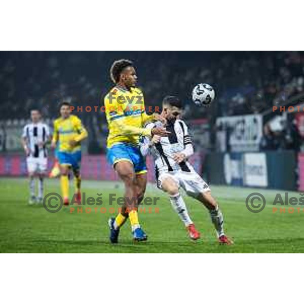 Johan Brice Negouai vs Nino Kouter in action during Prva liga Telemach 2025/26 football match between NK Mura and NK Koper in Fazanerija, Murska Sobota, Slovenia on November 7, 2025. Photo: Jure Banfi