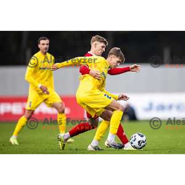 Marko Simonic vs Rene Hrvatin in action during Prva liga Telemach 2025/26 football match between NK Aluminij and NK Domzale in Sportni park Kidricevo, Slovenia on November 8, 2025. Photo: Jure Banfi