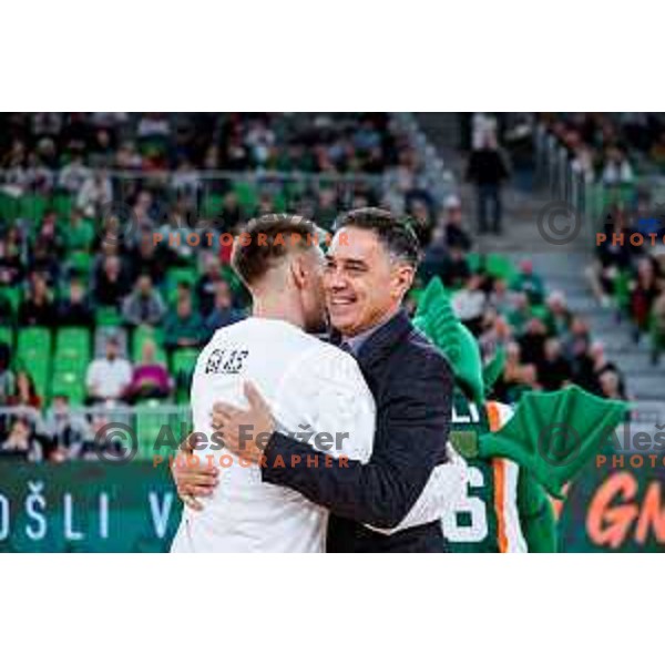 Gregor Glas and Davor Uzbinec before the start of AdmiralBet ABA League 2025/2026 basketball match between Cedevita Olimpija (SLO) and Vienna (AUT) in SRC Stozice, Ljubljana, Slovenia on November 9, 2025