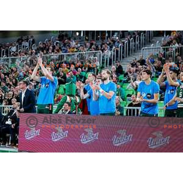 Ziga Daneu, Jaka Blazic, Jaka Ciperle during AdmiralBet ABA League 2025/2026 basketball match between Cedevita Olimpija (SLO) and Vienna (AUT) in SRC Stozice, Ljubljana, Slovenia on November 9, 2025