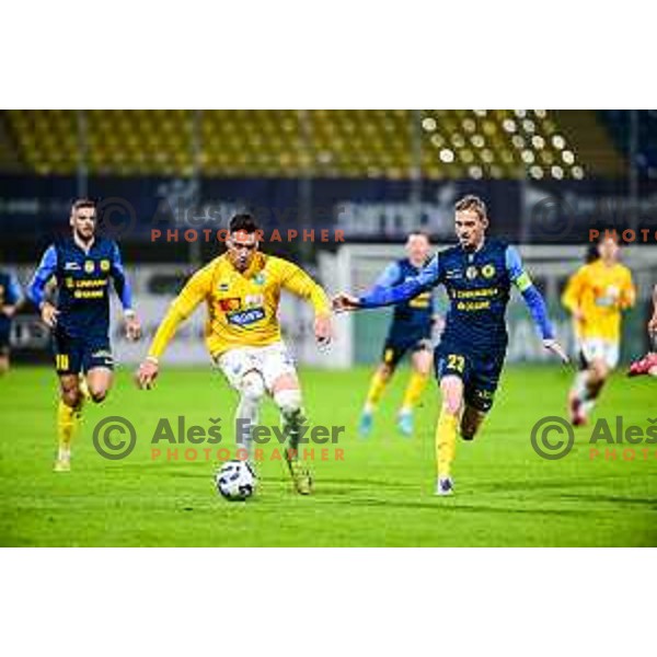 Aldin Jakupovic and Zan Karnicnik in action during Prva liga Telemach 2025/2026 football match between Celje and Bravo Big Bang in Celje, Slovenia on November 9, 2025