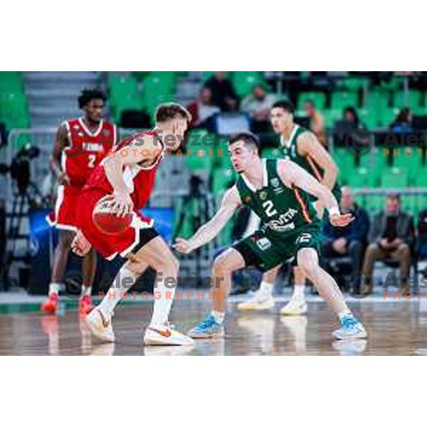 Gregor Glas and Joseph Girard III in action during AdmiralBet ABA League 2025/2026 basketball match between Cedevita Olimpija (SLO) and Vienna (AUT) in SRC Stozice, Ljubljana, Slovenia on November 9, 2025