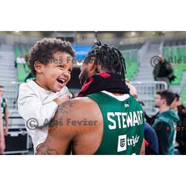 DJ Stewart with his son after the AdmiralBet ABA League 2025/2026 basketball match between Cedevita Olimpija (SLO) and Vienna (AUT) in SRC Stozice, Ljubljana, Slovenia on November 9, 2025.