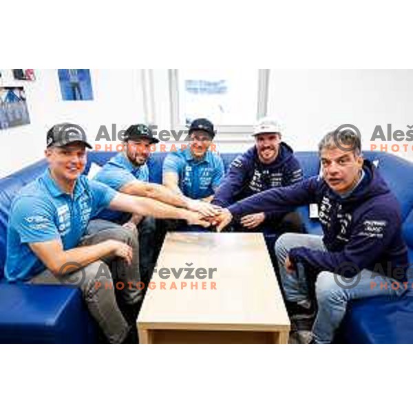 Nejc Naralocnik, Martin Cater, Rok Aznoh, Miha Hrobat and Ales Brezavscek, head coach of Slovenia Alpine Speed team during press conference in Ljubljana, Slovenia on November 10, 2025