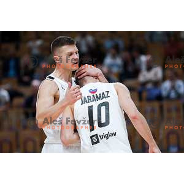 Edo Muric and Ognjen Jamaraz of Perspektiva Ilirija celebrate win in ABA League 2025/2026 basketball match between Perspektiva Ilirija (SLO) and Spartak Subotica (SRB) in Hala Tivoli, Ljubljana, Slovenia on November 10, 2025. Photo: Filip Barbalic
